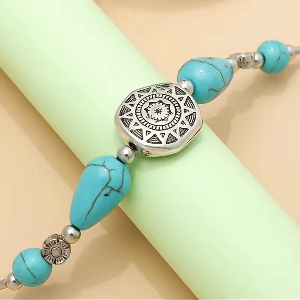 Boho Turquoise Bead Silver Tone Bracelet